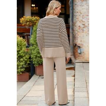 Pink Queen Women's 2 Piece Knit Sweatsuit Long Sleeve Collar V Neck Striped Sweater Set Casual Kint Loungewear Toasted Almond M