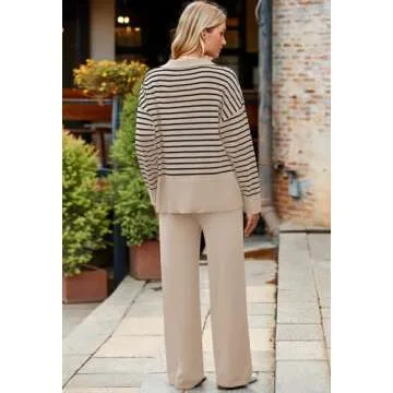 Pink Queen Women's 2 Piece Knit Sweatsuit Long Sleeve Collar V Neck Striped Sweater Set Casual Kint Loungewear Toasted Almond M