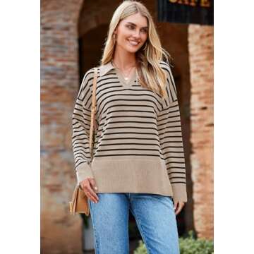 Pink Queen Women's 2 Piece Knit Sweatsuit Long Sleeve Collar V Neck Striped Sweater Set Casual Kint Loungewear Toasted Almond M