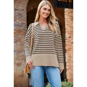 Pink Queen Women's 2 Piece Knit Sweatsuit Long Sleeve Collar V Neck Striped Sweater Set Casual Kint Loungewear Toasted Almond M