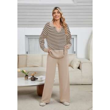 Pink Queen Women's 2 Piece Knit Sweatsuit Long Sleeve Collar V Neck Striped Sweater Set Casual Kint Loungewear Toasted Almond M