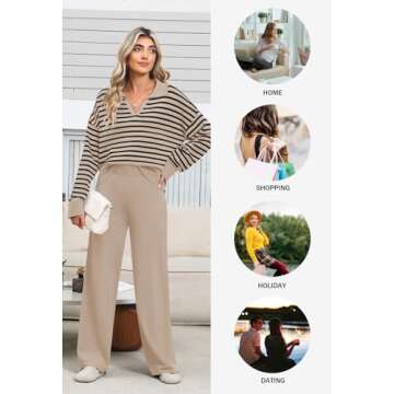 Pink Queen Women's 2 Piece Knit Sweatsuit Long Sleeve Collar V Neck Striped Sweater Set Casual Kint Loungewear Toasted Almond M