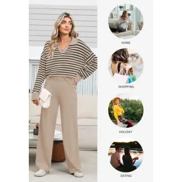 Pink Queen Women's 2 Piece Knit Sweatsuit Long Sleeve Collar V Neck Striped Sweater Set Casual Kint Loungewear Toasted Almond M