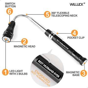 Gifts for Husband Him from Wife - Valentines Day "BEST HUSBAND EVER" Magnetic Pickup Tool with Flash...