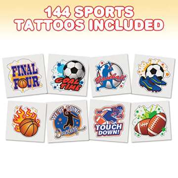ArtCreativity Sports Temporary Tattoos for Kids -Pack of 144 Individual Kids Tattoos Non-Toxic 2 Inch Sports Party Favors, Sports Birthday Party Decorations, Soccer Party Favors, Football Party Favors