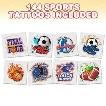 ArtCreativity Sports Temporary Tattoos for Kids -Pack of 144 Individual Kids Tattoos Non-Toxic 2 Inch Sports Party Favors, Sports Birthday Party Decorations, Soccer Party Favors, Football Party Favors