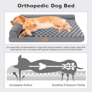 Kudoggy XXLarge Dog Bed, Orthopedic Dog Beds for Large Dogs, Dog Sofa Bed with L-Shaped Bolster, Memory Foam Dog Bed with Waterproof Liner and Washable Cover, 47"x35", Grey