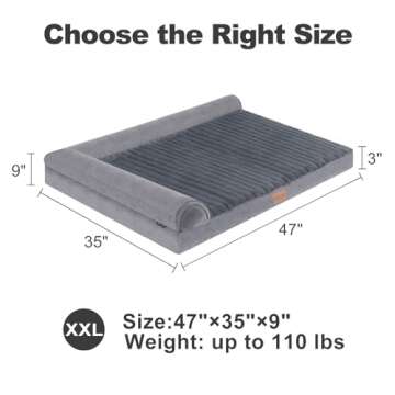 Kudoggy XXLarge Dog Bed, Orthopedic Dog Beds for Large Dogs, Dog Sofa Bed with L-Shaped Bolster, Memory Foam Dog Bed with Waterproof Liner and Washable Cover, 47"x35", Grey