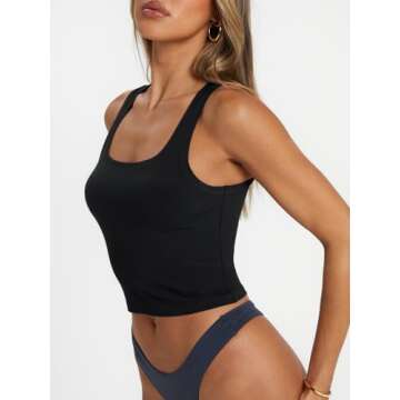 Trendy Queen Womens Square Neck Tank Tops Workout Cropped Ribbed Summer Camisole Sleeveless Clothes Black S