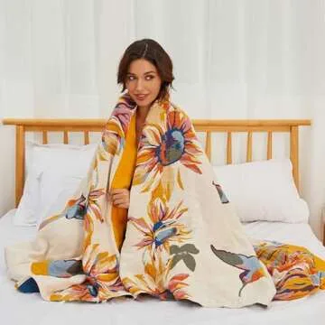 Boho Cotton Throw Blanket - Large Soft All-Season Blanket, Lightweight Blanket with Rustic Floral De...