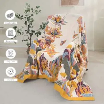 Boho Cotton Throw Blanket - Large Soft All-Season Blanket, Lightweight Blanket with Rustic Floral Design for Bed and Couch, Suitable for Living Room and Farmhouse Decor