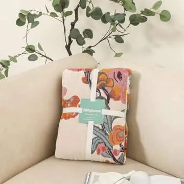 Boho Cotton Throw Blanket - Large Soft All-Season Blanket, Lightweight Blanket with Rustic Floral Design for Bed and Couch, Suitable for Living Room and Farmhouse Decor