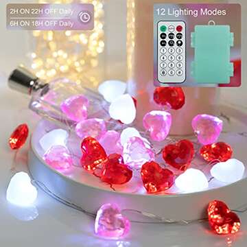 BOHON Red White Pink Heart String Lights Battery Operated, 10 ft 30 LEDs 3D Heart Lights, Twinkle Fairy Lights with Remote for The Home Bedroom Garland Wedding Indoor Party Decor Timer