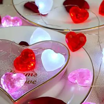 BOHON Red White Pink Heart String Lights Battery Operated, 10 ft 30 LEDs 3D Heart Lights, Twinkle Fairy Lights with Remote for The Home Bedroom Garland Wedding Indoor Party Decor Timer