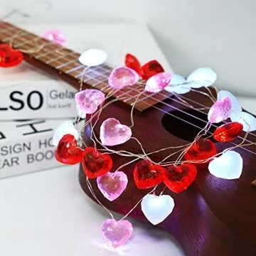 BOHON Red White Pink Heart String Lights Battery Operated, 10 ft 30 LEDs 3D Heart Lights, Twinkle Fairy Lights with Remote for The Home Bedroom Garland Wedding Indoor Party Decor Timer