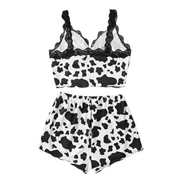 SweatyRocks Women's Summer Contrast Lace Cow Print Cami Top and Shorts Sleepwear Pajamas Set Cow Black White S