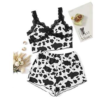 SweatyRocks Women's Summer Contrast Lace Cow Print Cami Top and Shorts Sleepwear Pajamas Set Cow Black White S