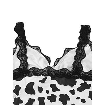 SweatyRocks Women's Summer Contrast Lace Cow Print Cami Top and Shorts Sleepwear Pajamas Set Cow Black White S