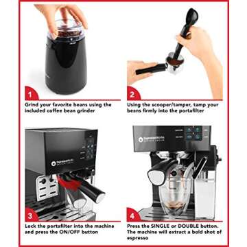 EspressoWorks 19-Bar Espresso, Latte and Cappuccino Maker 10-Piece Set - Brew Cappuccino and Latte with One Button - Espresso Machine with Milk Steamer 1250W - Coffee Gifts (Black)