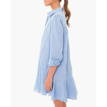 YEXPINE Women Button Up Shift Dress Loose Spring Cotton Linen Short Dress Ruffle Hem Tunic Dress Blue