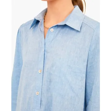 YEXPINE Women Button Up Shift Dress Loose Spring Cotton Linen Short Dress Ruffle Hem Tunic Dress Blue