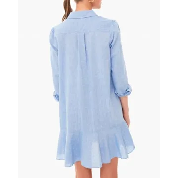 YEXPINE Women Button Up Shift Dress Loose Spring Cotton Linen Short Dress Ruffle Hem Tunic Dress Blue