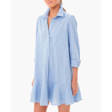 YEXPINE Women Button Up Shift Dress Loose Spring Cotton Linen Short Dress Ruffle Hem Tunic Dress Blue