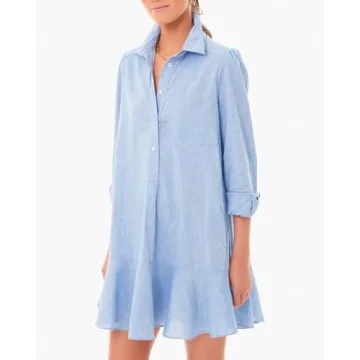 YEXPINE Women Button Up Shift Dress Loose Spring Cotton Linen Short Dress Ruffle Hem Tunic Dress Blue