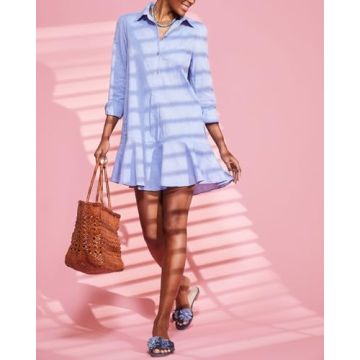 YEXPINE Women Button Up Shift Dress Loose Spring Cotton Linen Short Dress Ruffle Hem Tunic Dress Blue