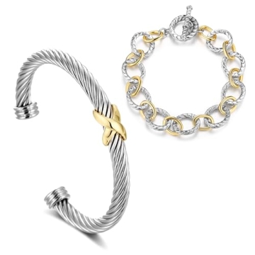 HANTNOOL 2PCS Twisted Cable Bracelet Chain, Fashion Two Tone Link Chain and Wire Cuff Bracelet Set O...