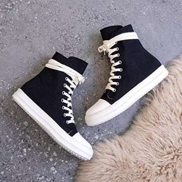 GSLMOLN Womens Canvas Sneakers High Top Lace Up Leather Shoes Fashion Casual Walking Comfortable Black/Canvas Size 7.5