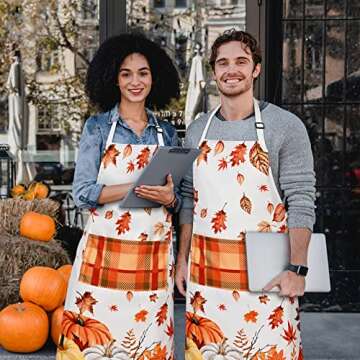 ASPMIZ Thanksgiving Apron Adults with Pocket, Pumpkins Fall Apron with Adjustable Neck Strap, Durable Maple Leaves Autumn Apron for Cooking BBQ Kitchen Cleaning Women Men, 27.6 x 31.5 Inch, Gift