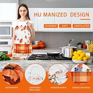 ASPMIZ Thanksgiving Apron Adults with Pocket, Pumpkins Fall Apron with Adjustable Neck Strap, Durable Maple Leaves Autumn Apron for Cooking BBQ Kitchen Cleaning Women Men, 27.6 x 31.5 Inch, Gift