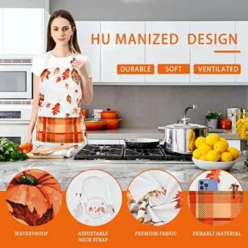 ASPMIZ Thanksgiving Apron Adults with Pocket, Pumpkins Fall Apron with Adjustable Neck Strap, Durable Maple Leaves Autumn Apron for Cooking BBQ Kitchen Cleaning Women Men, 27.6 x 31.5 Inch, Gift