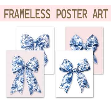 foedor Coquette Bow Trendy Blue and White Floral Chinoiserie Wall Art Prints Set of 4, Coquette Blue...