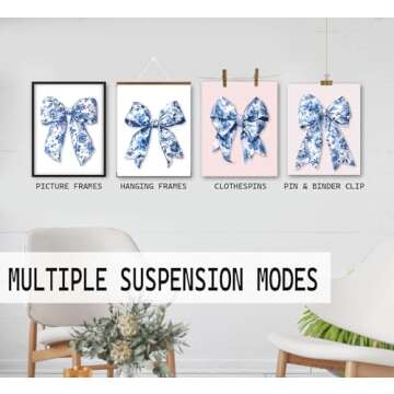 foedor Coquette Bow Trendy Blue and White Floral Chinoiserie Wall Art Prints Set of 4, Coquette Blue and White Room Preppy Dorm Decor, Preppy Bow Girly Wall Decor Posters for Girls Room, 8x10 Unframed