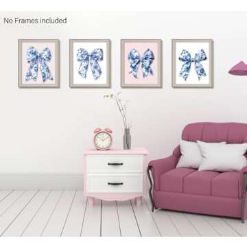 foedor Coquette Bow Trendy Blue and White Floral Chinoiserie Wall Art Prints Set of 4, Coquette Blue and White Room Preppy Dorm Decor, Preppy Bow Girly Wall Decor Posters for Girls Room, 8x10 Unframed
