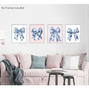 foedor Coquette Bow Trendy Blue and White Floral Chinoiserie Wall Art Prints Set of 4, Coquette Blue and White Room Preppy Dorm Decor, Preppy Bow Girly Wall Decor Posters for Girls Room, 8x10 Unframed