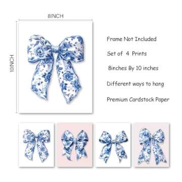 foedor Coquette Bow Trendy Blue and White Floral Chinoiserie Wall Art Prints Set of 4, Coquette Blue and White Room Preppy Dorm Decor, Preppy Bow Girly Wall Decor Posters for Girls Room, 8x10 Unframed
