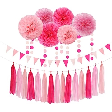 Rose Hot Pink Party Decorations - 23pcs Girl Birthday Baby Shower Tissue Pom Poms Streamers, Bachelo...