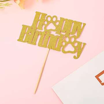 LeeLeeAn Gold Glitter Happy Birthday Dog Paw Cake Topper for Pet Parties