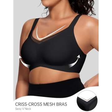 OEAK Womens Wireless Bras V Mesh Comfortable Bralette Supportive Tshirt Bra No Underwire Seamless Push Up Everyday Bras Black S