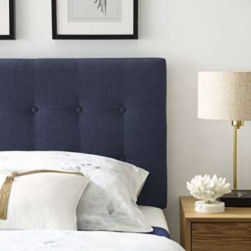Modway Emily Tufted Button Linen Fabric Upholstered Twin Headboard in Navy