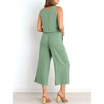 ANRABESS Women's Summer 2 Piece Outfits Sleeveless Crop Top Capri Wide Leg Pants Jumpsuit Casual Lin...