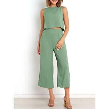 ANRABESS Women Summer 2 Piece Crop Top Wide Leg Pants