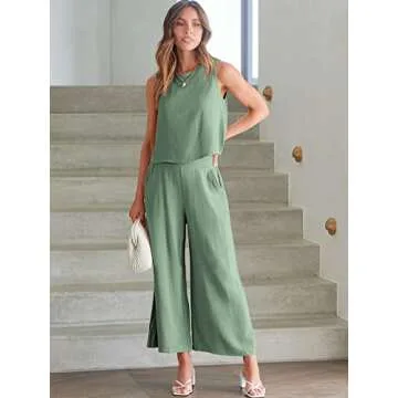ANRABESS Women Summer 2 Piece Crop Top Wide Leg Pants