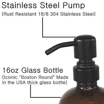 Amber Glass Jar Soap Dispenser with Matte Black Pump, 16oz Round Bottle Dispenser with Stainless Ste...