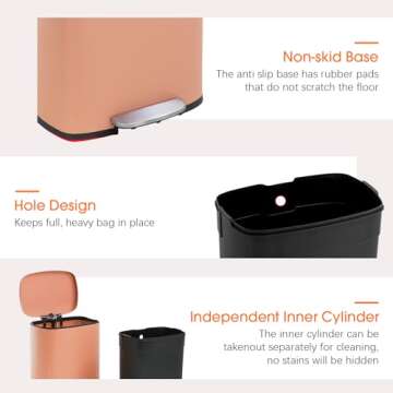 FDW Kitchen Trash Can with Lid for Office Bedroom Bathroom Step Trash Bin Fingerprint-Proof Brushed Stainless Steel Garbage Can 13 Gallon / 50 Liter, Pink