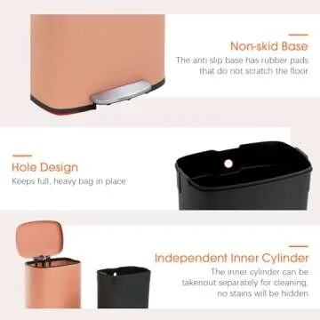 FDW Kitchen Trash Can with Lid for Office Bedroom Bathroom Step Trash Bin Fingerprint-Proof Brushed Stainless Steel Garbage Can 13 Gallon / 50 Liter, Pink