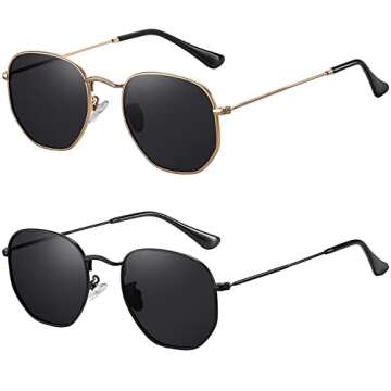 MEETSUN Polarized Hexagon Sunglasses for Women Men Polygon Square Sun Glasses UV400 Protection Metal Frame 2 Pack-Gold Gray+Black Gray